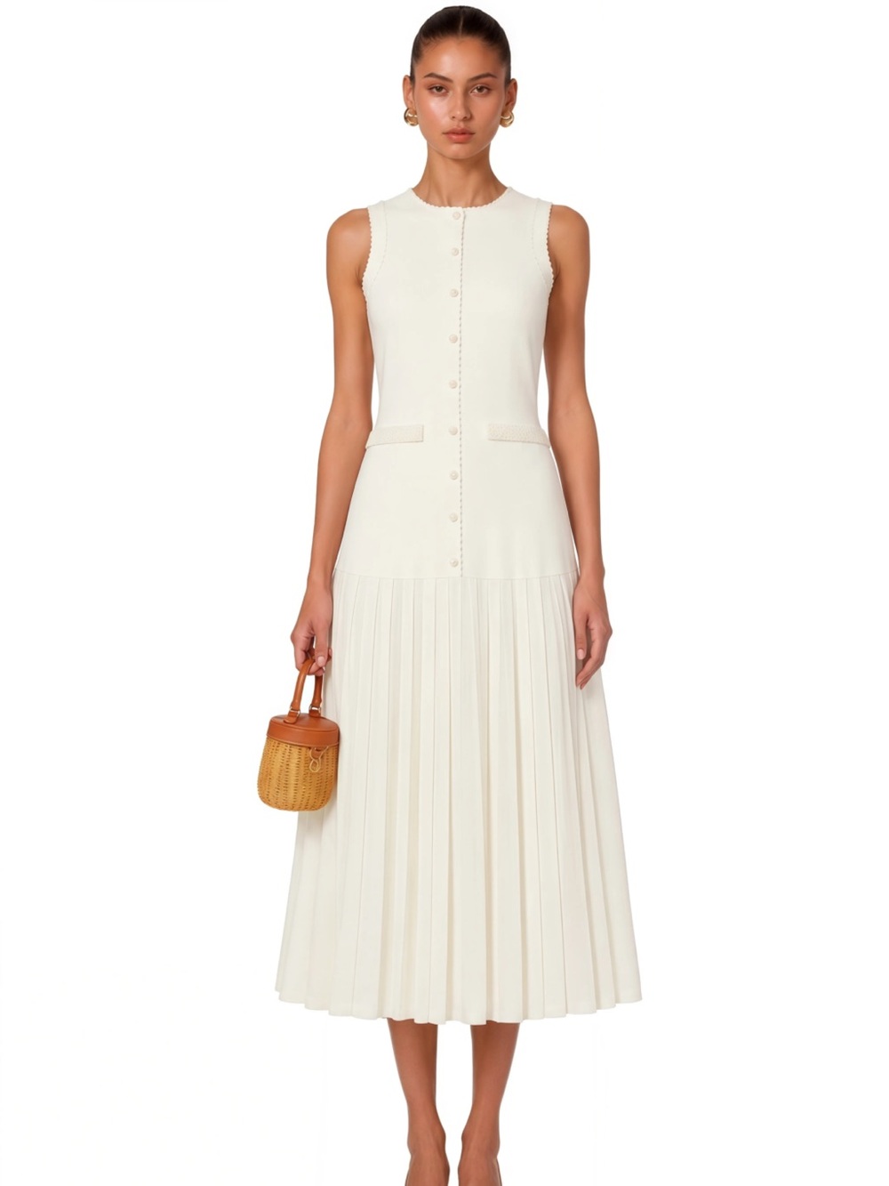 Miss Rosier Aurore Beige Faux-Pearl Midi Dress NWT